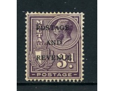 1928  - MALTA - 3p. VIOLETTO SOPRASTAMPATO CON TRACCIA DI LINGUELLA - LOTTO/25104