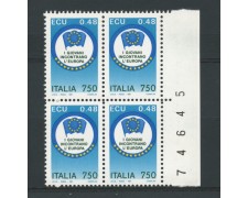1991 - LOTTO/6957Q - REPUBBLICA - I GIOVANI INCONTRANO L'EUROPA - QUARTINA NUOVI