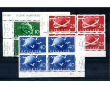 1949 - LOTTO/SVI476CPNQ - SVIZZERA - 75° ANNIVERSARIO U.P.U. 3v. - QUARTINE NUOVI