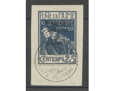 1920 - FIUME - LOTTO/39776 - 25c. AZZURRO SOPR. NERA - USATO SU FRAMMENTO