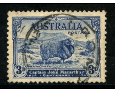 1934 - AUSTRALIA - 3p. BLU MACARTHUR - USATO - LOTTO/29182 1934 - AUSTRALIA - 3p. BLU MACARTHUR - USATO - LOTTO/29182