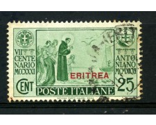 1931 - ERITREA - 25 cent. VERDE S. ANTONIO - USATO - LOTTO/30060 1931 - ERITREA - 25 cent. VERDE S. ANTONIO - USATO - LOTTO/30060