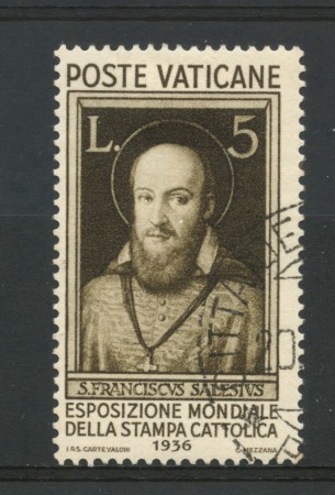 1936 - VATICANO - 5 Lire  STAMPA CATTOLICA - USATO - LOTTO/31723