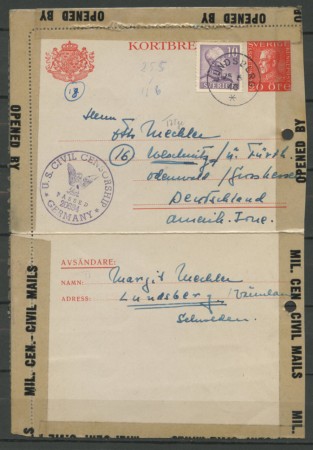 1946 - LOTTO/13082 - SVEZIA - BIGLIETTO POSTALE CON BOLLI DI CENSURA  PER LA GERMANIA