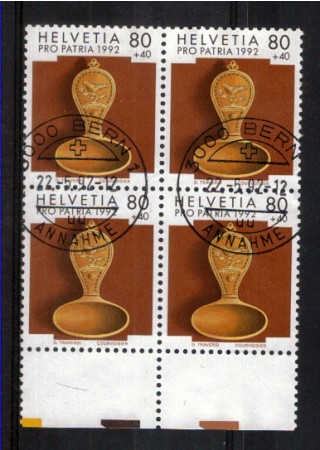1992 - LOTTO/1401QU - SVIZZERA - 80+40c. PRO PATRIA QUARTINA USATA