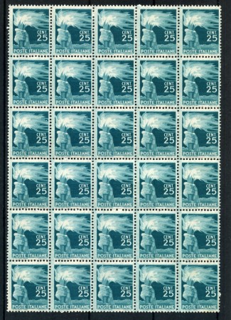 1945 - REPUBBLICA - 25 cent. DEMOCRATICA - BLOCCO DI 30 FRANCOBOLLI NUOVI - LOTTO/30344BL