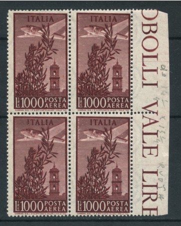 1948 - LOTTO/17403 - REPUBBLICA - POSTA AEREA 1000 LIRE QUARTINA