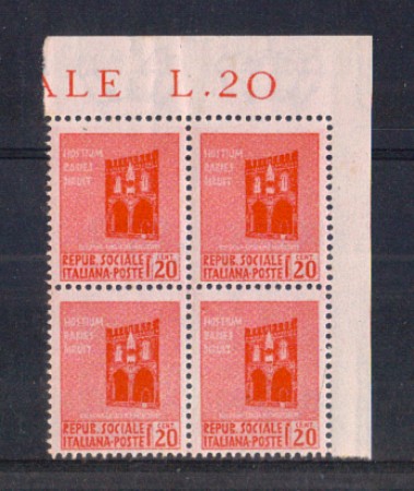 1944 - LOTTO/RSI496NQ - RSI - 20c. MONUMENTI - QUARTINA NUOVA