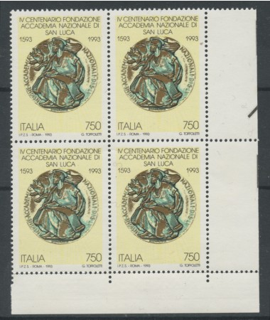 1993 - LOTTO/7015Q - REPUBBLICA - ACCADEMIA DI  SAN LUCA - QUARTINA NUOVI
