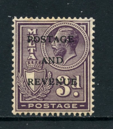 1928  - MALTA - 3p. VIOLETTO SOPRASTAMPATO CON TRACCIA DI LINGUELLA - LOTTO/25104