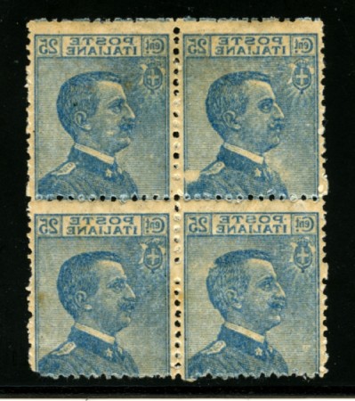 1908 - LOTTO/13140 - REGNO - 25c. AZZURRO VITTORIO EMANUELE III° QUARTINA  - VARIETA'