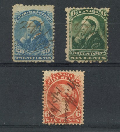 1870/90 - LOTTO/17368 - CANADA -  BILL STAMP 3 FRANCOBOLLI FISCALI  ANNULLATI.