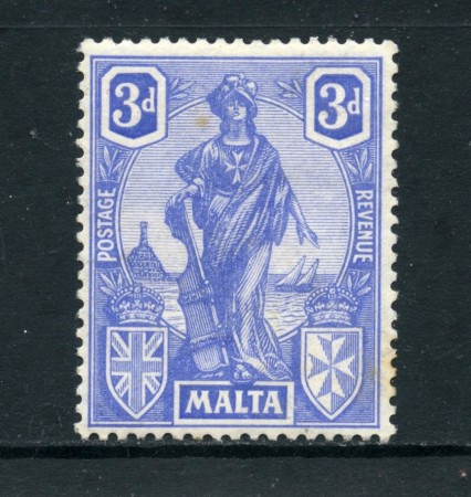 1922 - MALTA - 3p. OLTREMARE ALLEGORIA CON TRACCIA DI LINGUELLA - LOTTO/25099