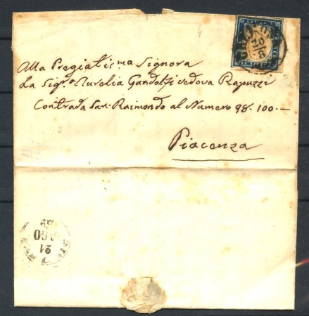 1859 - REGNO DI SARDEGNA - LOTTO/41060 - 20 CENT. DA CREMONA  A  PIACENZA