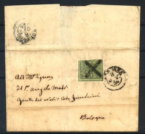 1854 - STATO PONTIFICIO - LOTTO/41052 - 2 BAJ VERDE SU LETTERA PER BOLOGNA