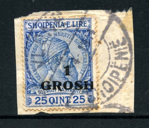 1914 - LOTTO/15062 - ALBANIA - 1 Gr. su 25 QINT BLU - USATO SU FRAMMENTO