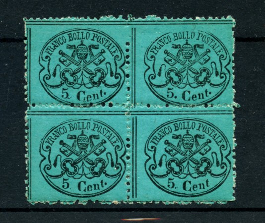 STATO PONTIFICIO - 1868 - LOTTO/22406 - 5 cent.  AZZURRO VERDASTRO  QUARTINA