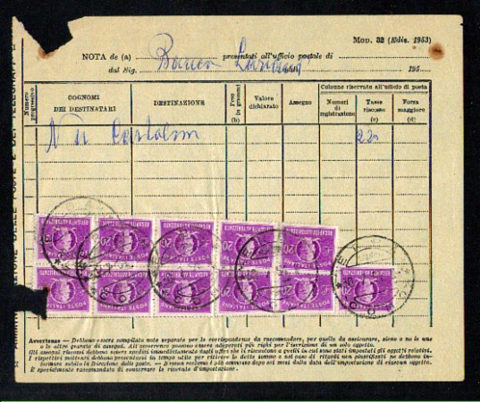 1954 - REPUBBLICA - LOTTO/LBF/793 - ERBA (CO) MODELLO TASSAZIONE CUMULATIVA