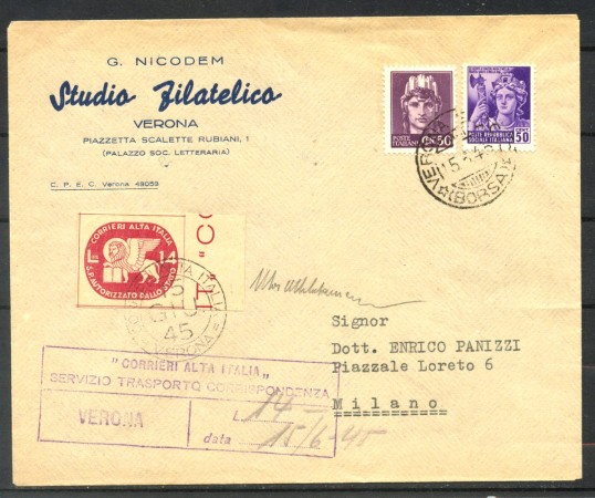 1945 - LUOGOTENENZA - LOTTO/40160 - 14 LIRE CORALIT  SU BUSTA DA VERONA A MILANO