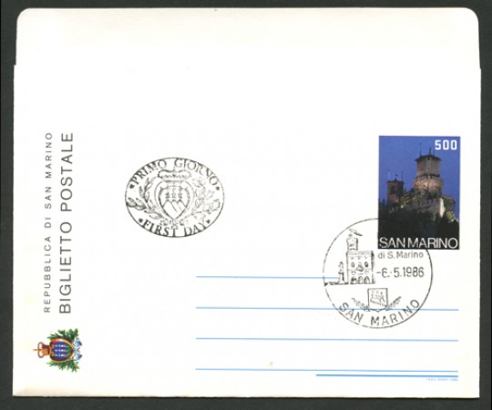 1986 - LOTTO/12223 - SAN MARINO - 500 LIRE TURISMO - BIGLIETTO POSTALE FDC