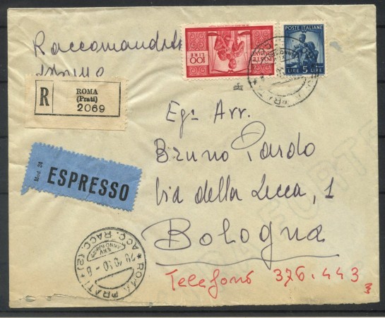 1950 - REPUBBLICA - LOTTO/40372 - BUSTA AFFR. CON 100 LIRE DEMOCRATICA PER BOLOGNA