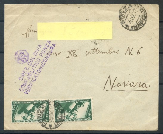 1933 - REGNO - BUSTA DA PONZA PER NOVARA - LOTTO/26745