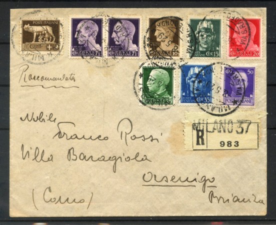 1929 - REGNO - LOTTO/40442 -  AFFRANCATURA MISTA SU RACCOMANDATA DA MILANO A ORSENIGO 