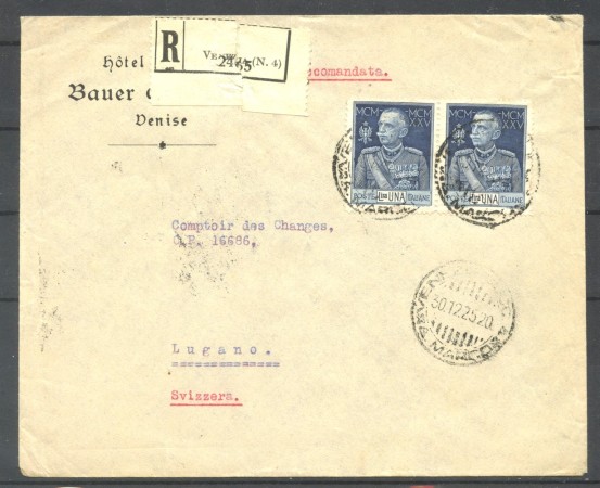 1925 - REGNO - LOTTO/40439 - 1 Lira GIUBILEO DEL RE -  COPPIA SU BUSTA  RACCOMANDATA PER LA SVIZZERA