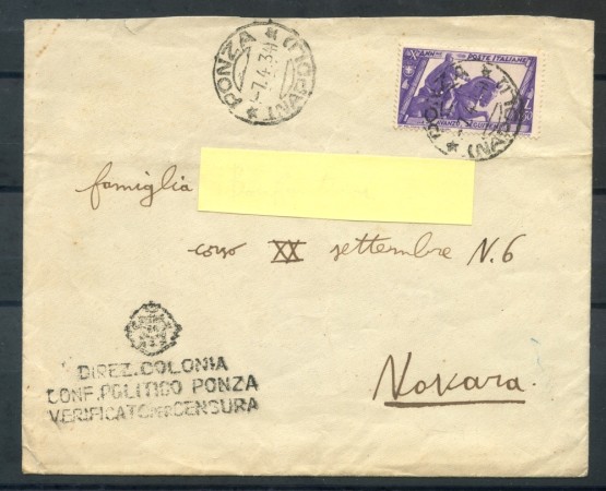 1934 - REGNO - BUSTA DA PONZA PER NOVARA - LOTTO/26746