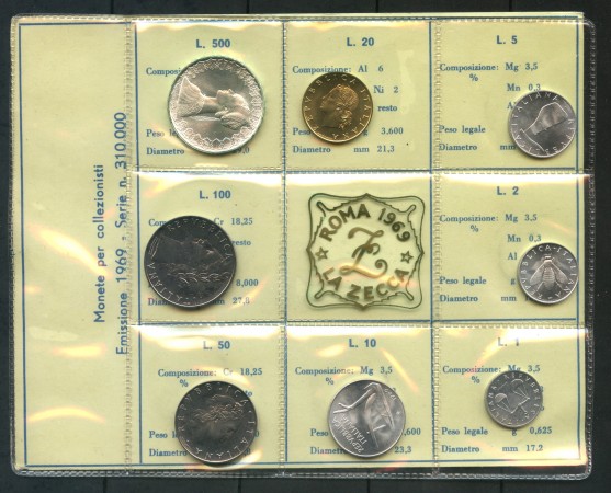 1969 - ITALIA  - SERIE CONFEZIONE DELLA ZECCA  8 MONETE FIOR DI CONIO - LOTTO/M30656