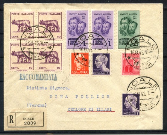 1945 - LUOGOTENENZA - LOTTO/40317 - BUSTA RACC. DA NOALE A ILLASI AFFRANCATURA MULTIPLA