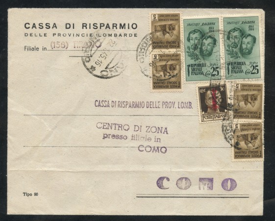 1945 - REPUBBLICA SOCIALE - 25c. FRATELLI BANDIERA PIU' ALTRI VALORI SU BUSTA DA TIRANO A COMO - LOTTO/30301