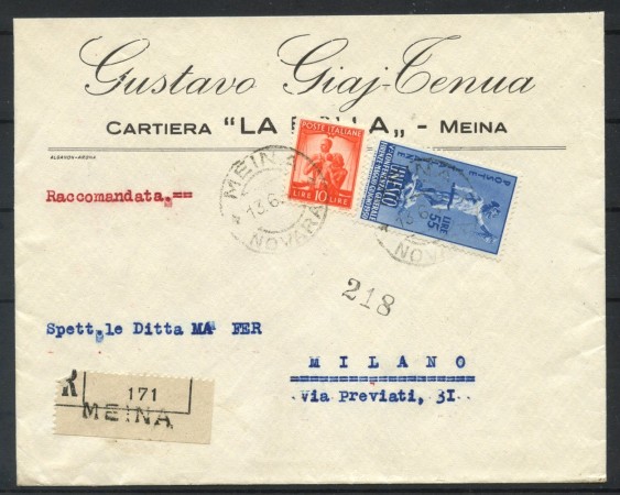 1950 - REPUBBLICA - LOTTO/40368 - 55 LIRE UNESCO  SU BUSTA RACCOMANDATA