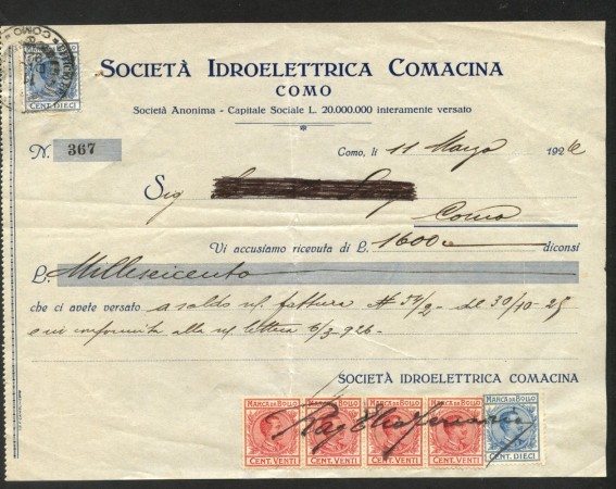 1926 - ITALIA - LOTTO/42950 - RICEVUTA DELLA SOCIETA' IDROELETTRICA COMACINA
