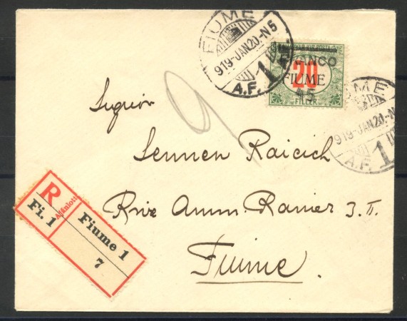 1919 - FIUME - LOTTO/39755 - 45 su 20 F. SEGNATASSE - BUSTA RACC.