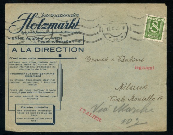1925 - LOTTO/17323 - AUSTRIA - 8g.  SU BUSTA PER L'ITALIA