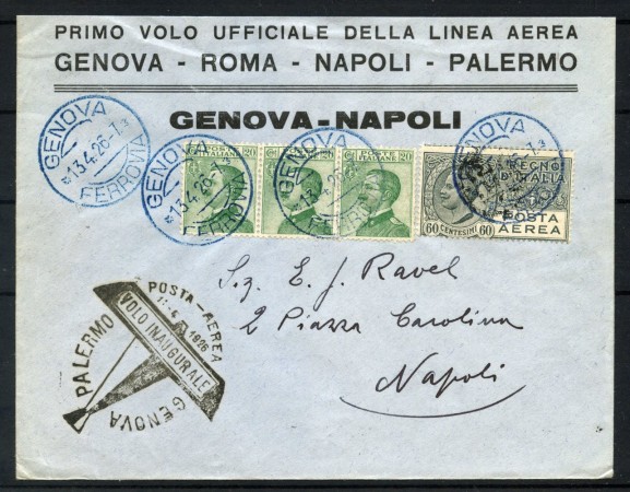 1926 - REGNO - LOTTO/40023 - BUSTA DEL  PRIMO VOLO GENOVA -ROMA-NAPOLI -  PALERMO