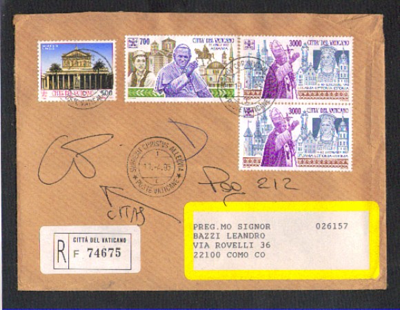 1995 - LOTTO/1031 - VATICANO - BUSTA RACCOMANDATA PER COMO