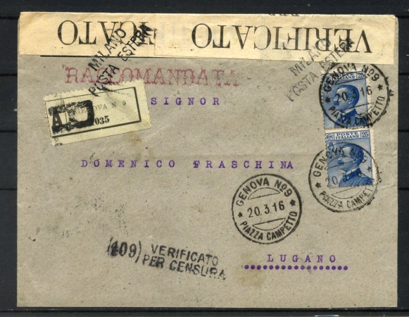 1916 - REGNO - LOTTO/42420 - BUSTA RACCOMANDATA DA GENOVA PER LA SVIZZERA CENSURA