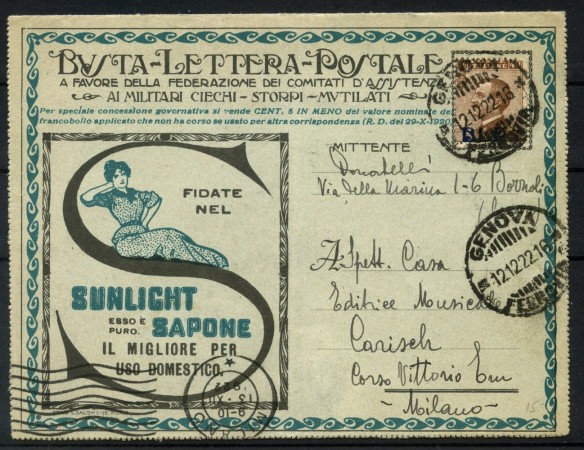 1922 - REGNO - LOTTO/39998 - 40 c. BLP  SU BUSTA LETTERA POSTALE