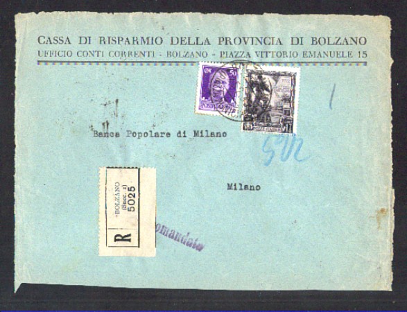 BOLZANO - LOTTO/10896 - REGNO - FRONTESPIZIO DI BUSTA PER MILANO
