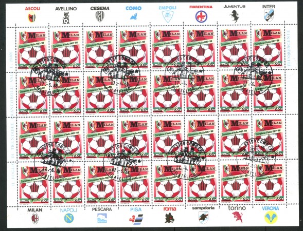 1988 - LOTTO/6897FU - REPUBBLICA - MILAN CAMPIONE - FOGLIO DI 32 FRANCOBOLLI USATO
