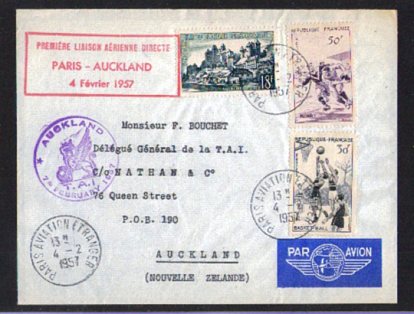 FRANCIA - 1957 - LBF/3218 - PRIMO VOLO  T.A.I.  PARIGI - AUCKLAND
