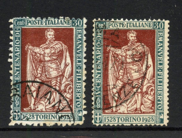 1928 - REGNO - LOTTO/42681 - 30 CENT. EMANUELE FILIBERTO - DUE VALORI CON DIVERSE DENTELLATURE - USATI