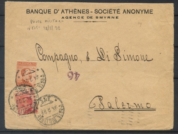 1922 - REGNO - POSTA MILITARE - BUSTA DA SMYRNE A PALERMO - LOTTO/31848
