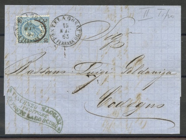 1865 - REGNO - LOTTO/39959 - 20 su 15 Cent. CELESTE 2° tipo - BUSTA PER CODOGNO