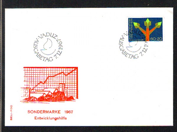 1967 - LOTTO/LIE433FDC - LIECHTENSTEIN - 50+20r. ASSISTENZA ONU - BUSTA FDC