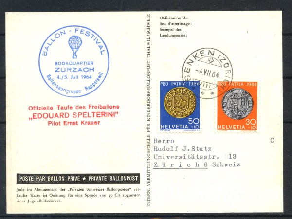 1964 - SVIZZERA - LOTTO/41710 - ATTERRAGGIO DEL PALLONE ATMOSFERICO E.SPELTERINI