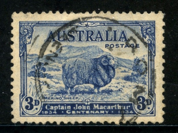 1934 - AUSTRALIA - 3p. BLU MACARTHUR - USATO - LOTTO/29182
