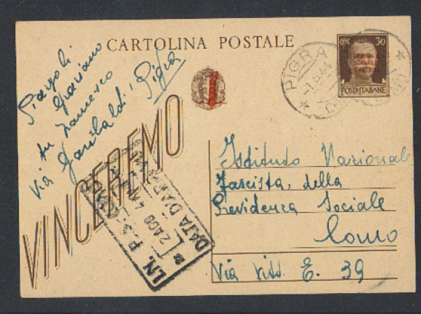 1944 - LBF/406 -REP. SOCIALE -  CART. POSTALE VINCEREMO DA 30c.